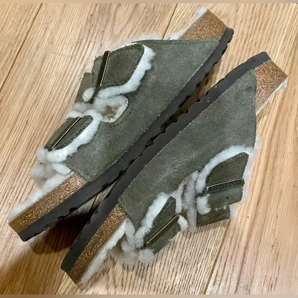 Birkenstock Arizona shearling suede leather sandal sz US 7-7.5 38 unisex olive - Picture 7 of 9